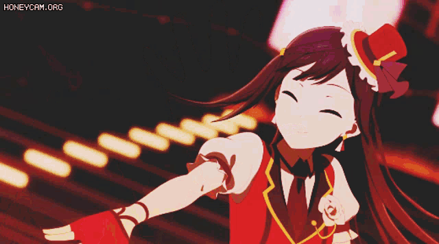 a girl in a red top hat and gloves is dancing in front of a pink background with the words honeycam.org below her