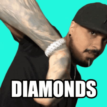 a man wearing a hat and a diamond bracelet is holding something over his shoulder with the word diamonds above him