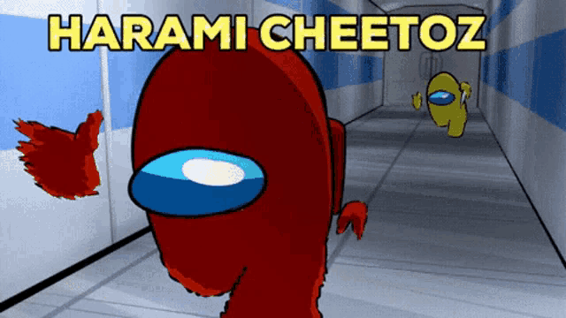 a cartoon of a red among us character with the name harami cheetoz above it