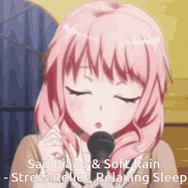 a girl with pink hair is singing into a microphone with the words sad piano & soft rain stress relief relaxing sleep below her