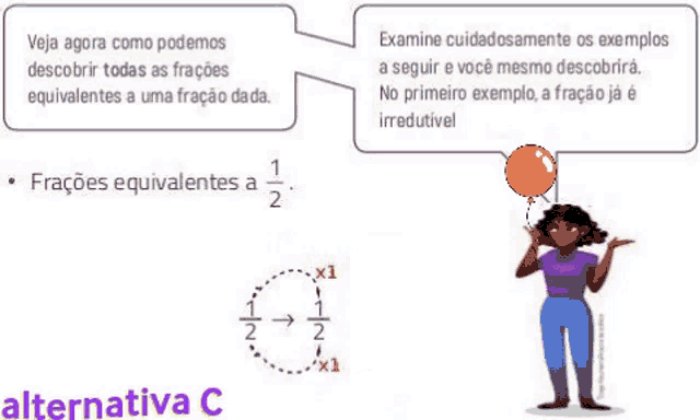 a cartoon of a woman holding an orange balloon and a fraction .