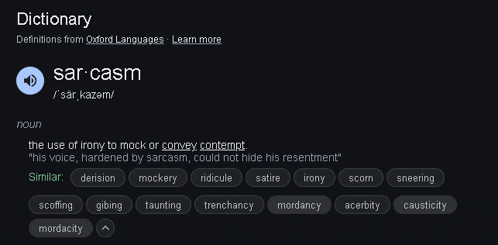 the word sarcasm is displayed on a black background