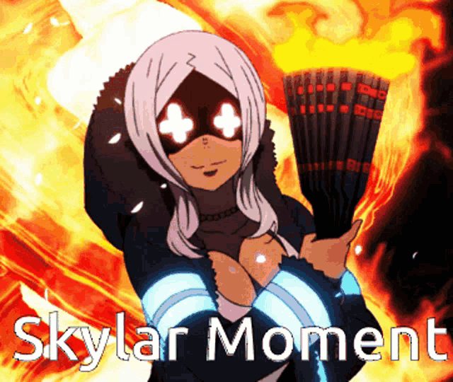 a girl holding a fan with the words skylar moment written below her
