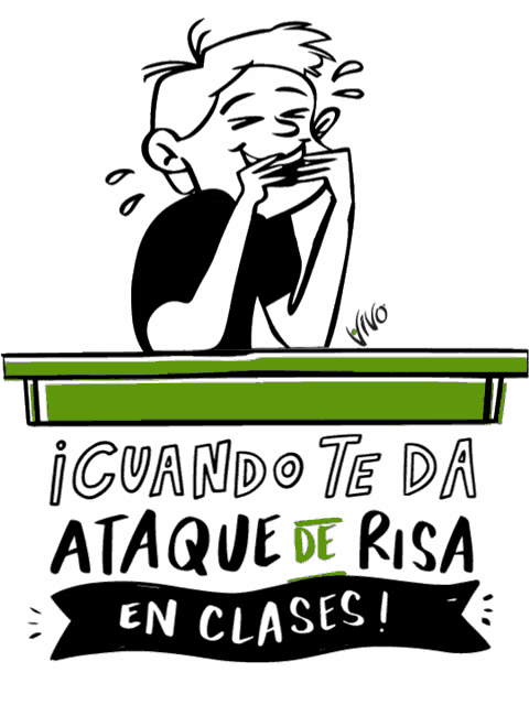 a black and white drawing of a man sitting at a table with the words cuando te da ataque de risa en clases