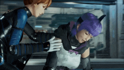 a woman with purple hair is being held by another woman in a game