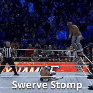 a wrestling match with the words swerve stomp on the bottom right