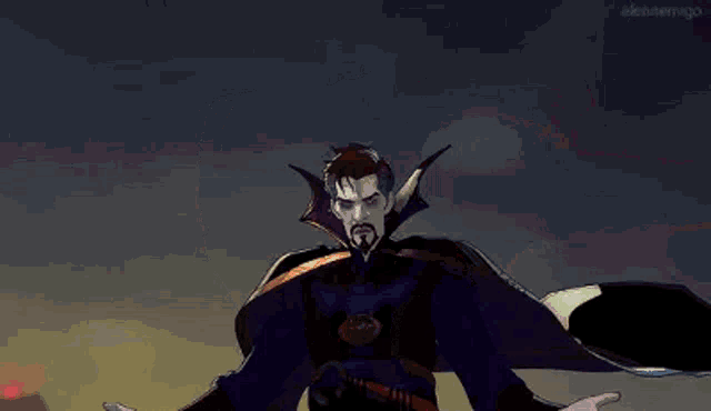 doctor strange is holding two red spheres in his hands in a cartoon .