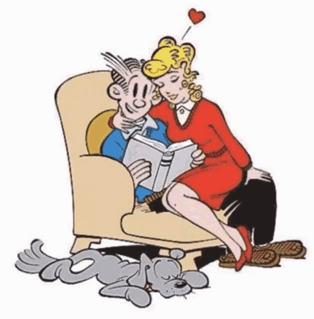 a cartoon of a man and woman sitting in a chair reading a book