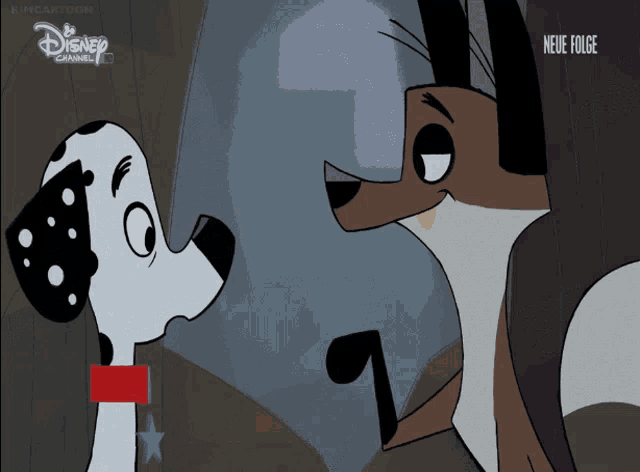 a dalmatian and a fox are looking at each other in a disney cartoon