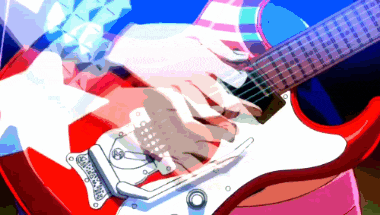 a person is playing a red electric guitar in a pixelated image