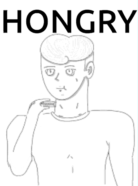 a black and white drawing of a man with the word hungry written above him