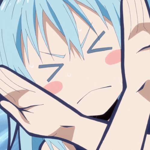 a close up of a cartoon character with blue hair