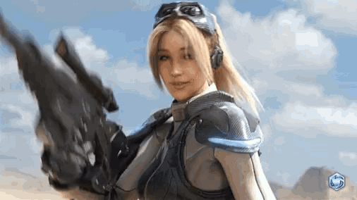a woman is holding a rifle in front of a blue sky