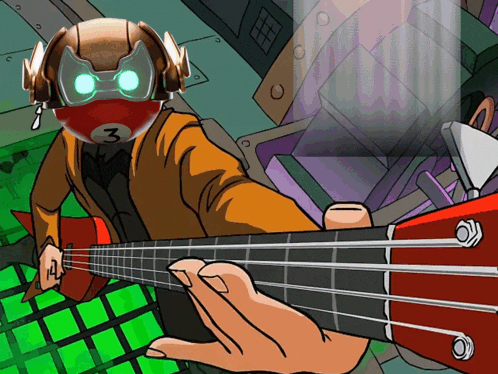 a cartoon of a man playing a bass guitar with the number 3 on his head