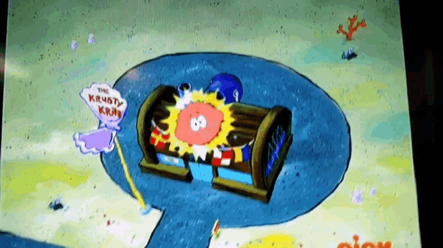 a cartoon of a spongebob treasure chest with a sign that says krusty krab