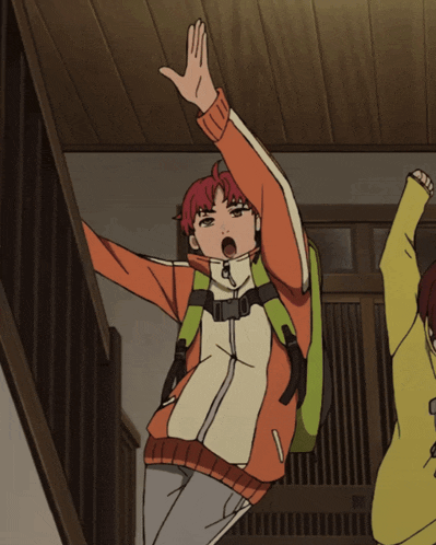 a cartoon character with a green backpack is giving a high five