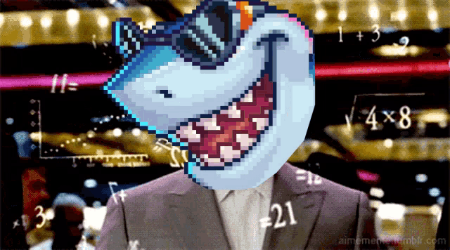 a man in a suit has a pixelated shark on his head with math equations behind him