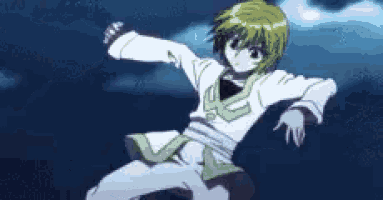 a cartoon character is jumping in the air while wearing a white and green outfit .