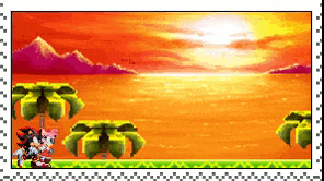 a pixel art of a sunset with palm trees and mountains