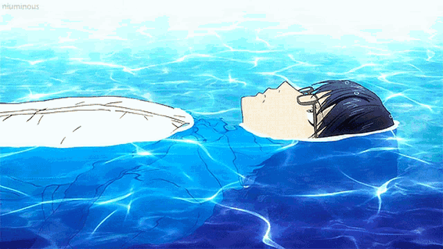 a drawing of a person floating on their back in a body of water with the words " luminous " on the bottom
