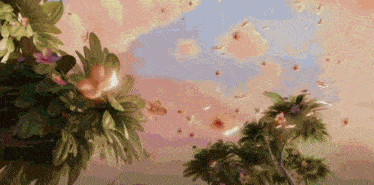 a painting of flowers and palm trees with a cloudy sky in the background