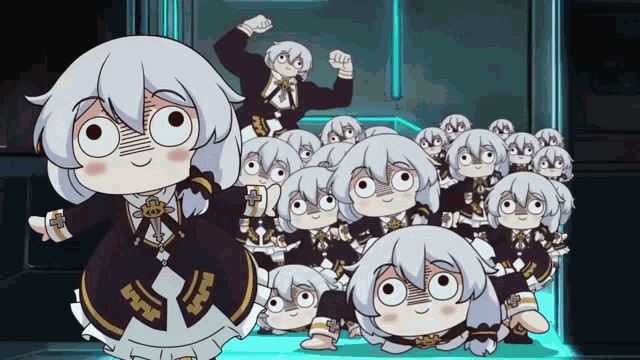 a group of cartoon characters are standing in a room and one of them is wearing a black and gold dress