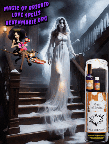 a woman in a white dress is walking down a set of stairs next to a bottle of magic of brighid hex breaking