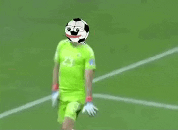 a soccer player in a green uniform with a soccer ball on his head is walking on a field .