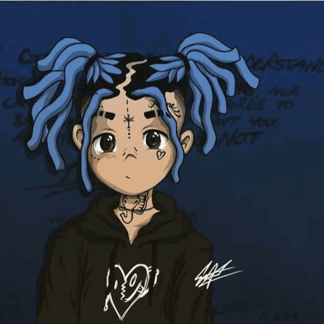 a drawing of a person with blue hair and a black hoodie