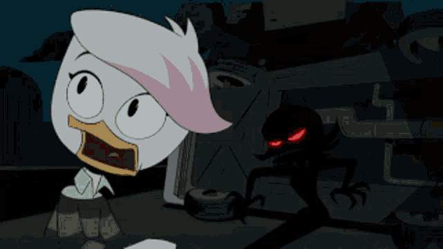 a cartoon duck with a surprised look on her face