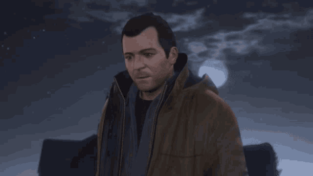 a man in a brown jacket is looking at the camera