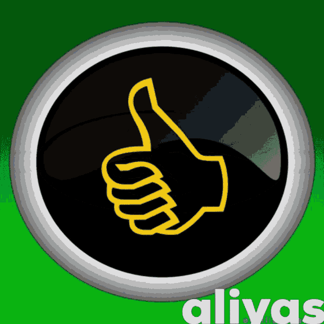 a black button with a yellow hand giving a thumbs up and the word alivas below it