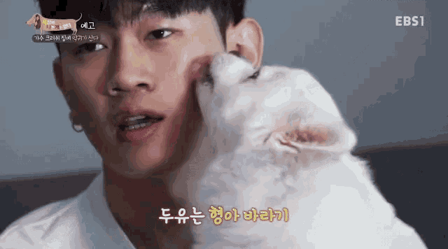 a white dog licking a man 's face with ebs1 written on the bottom right