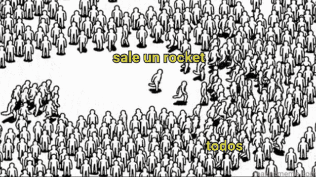 a black and white drawing of a crowd of people with the words sale un rocket and todos below it