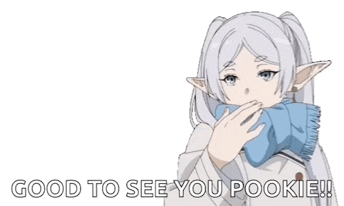 a girl with white hair and a blue scarf blowing a heart and the words good to see you pookie