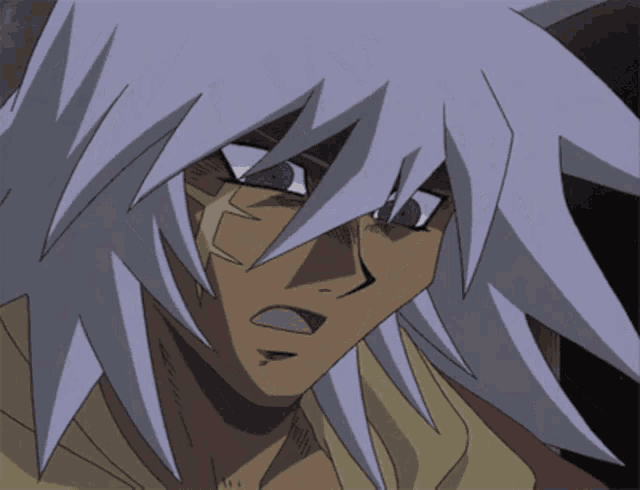 a cartoon character with gray hair and blue eyes