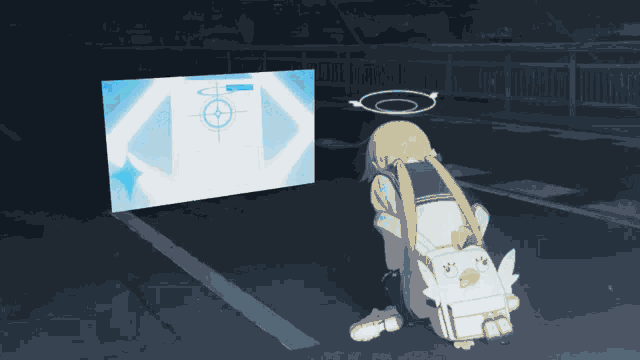 a girl with a backpack is kneeling down in front of a screen that says ' i 'm sorry ' on it