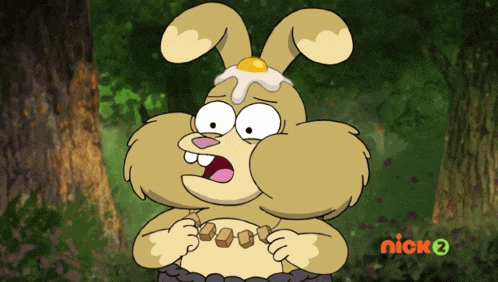 a cartoon of a bunny with a fried egg on its head and the words nick 2 below it