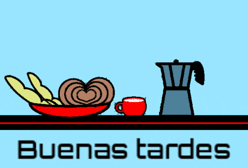 a drawing of a coffee pot pouring coffee into a cup with the words " buenas tardes " below it