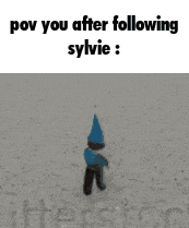 a gnome with a blue hat is walking on the ground and says pov you after following sylvie