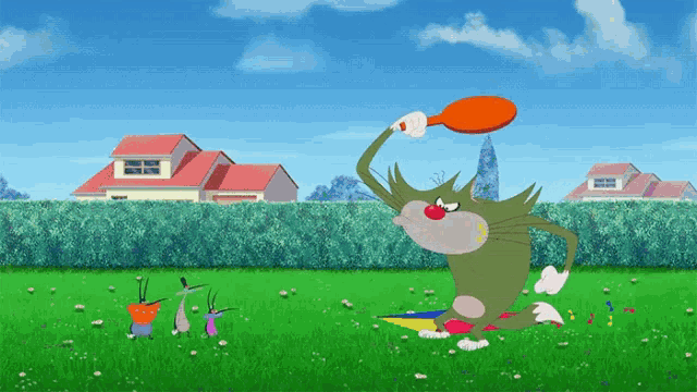 a cartoon of a cat holding a frisbee in a yard