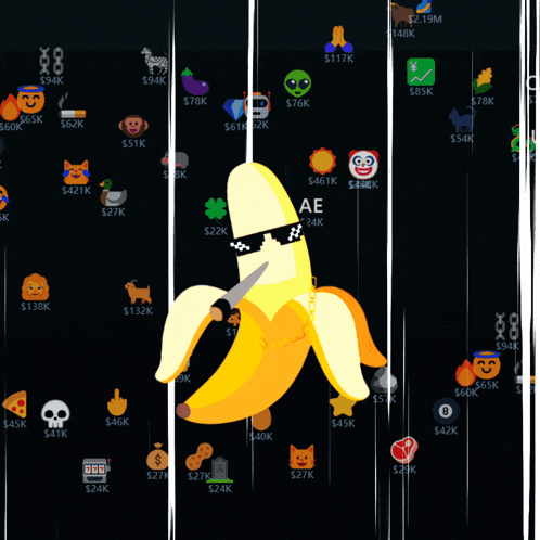 a banana is holding a knife in front of a grid of icons including one that says ' us '