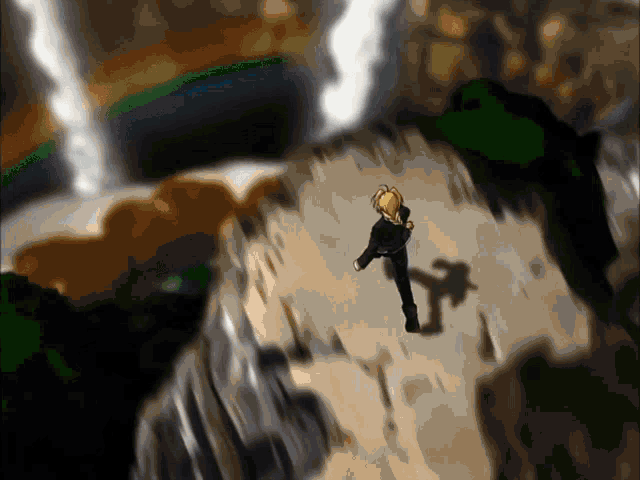 a cartoon character is standing on a cliff with a waterfall in the background