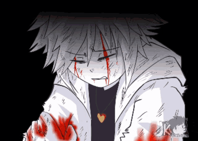 a black and white drawing of a person with blood coming out of their face