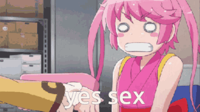 a girl with pink hair says yes sex in a pixelated image