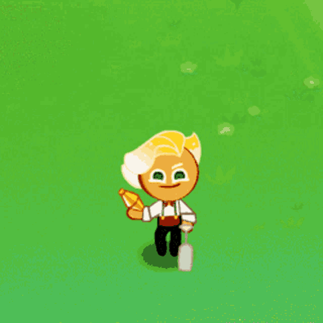 a cartoon character is standing on a green field holding a spatula