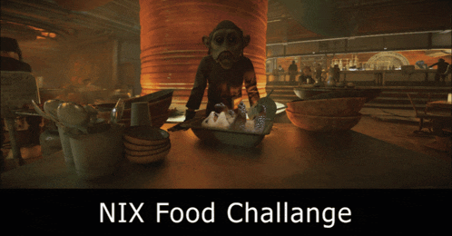 a picture of a monkey sitting at a table with the words nix food challenge below it