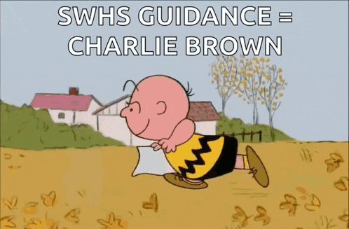 a cartoon of charlie brown holding a pillow with the words swhs guidance = charlie brown
