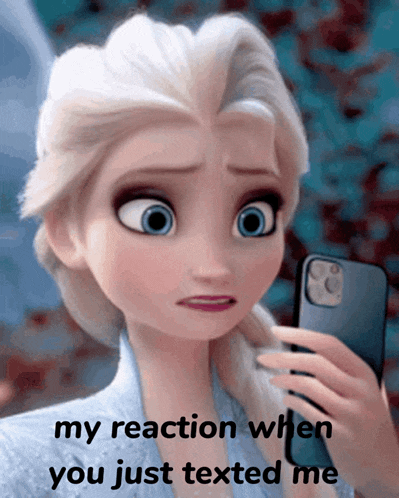a picture of elsa from frozen holding a cell phone with the caption " my reaction when you just texted me "
