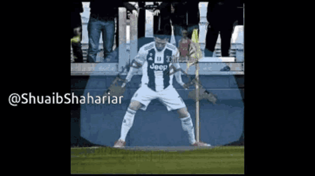 a soccer player wearing a jeep jersey is standing on the field